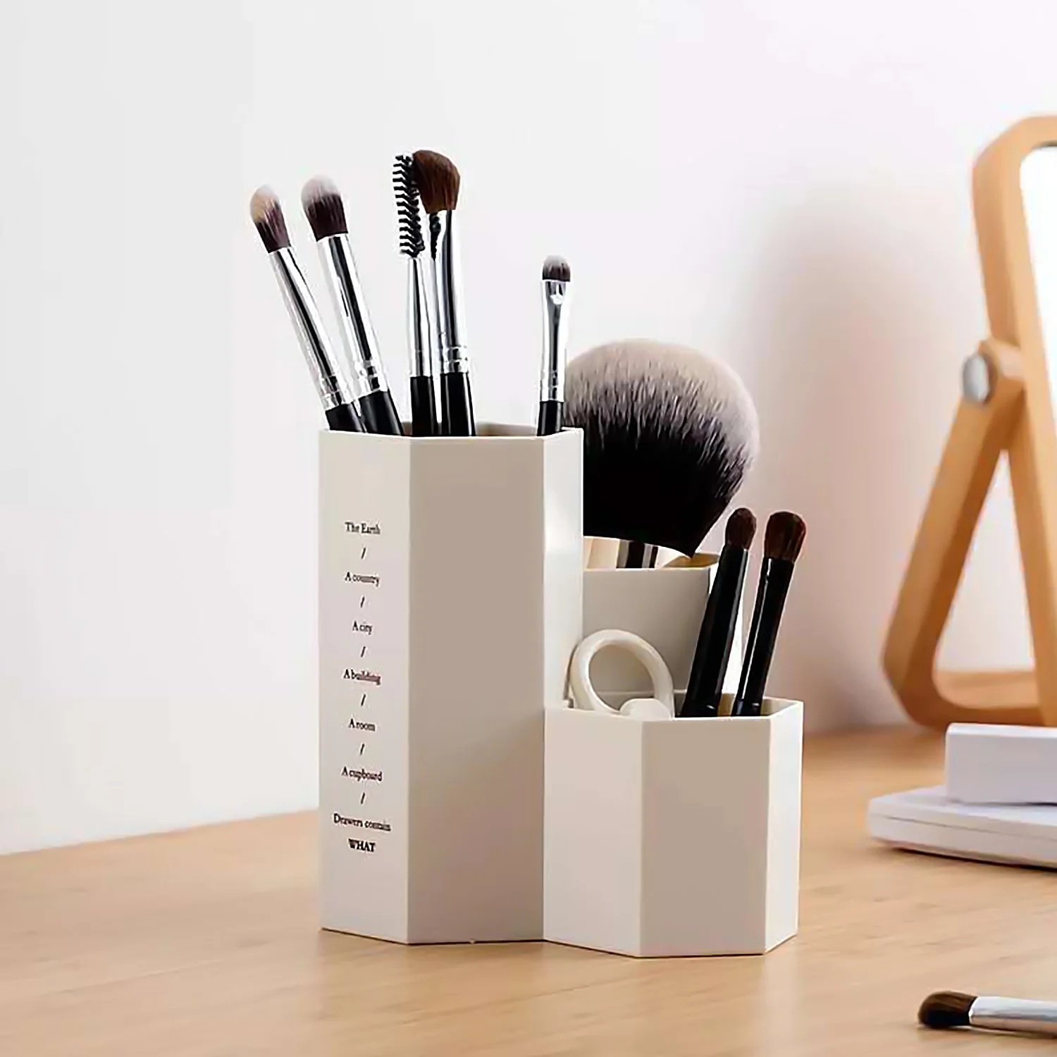 

Behogar New Pens Makeup Brushes Holder 3-Compartment Hexagon Home School Pen Holder Makeup Brush Storage Tube Desktop Organizer