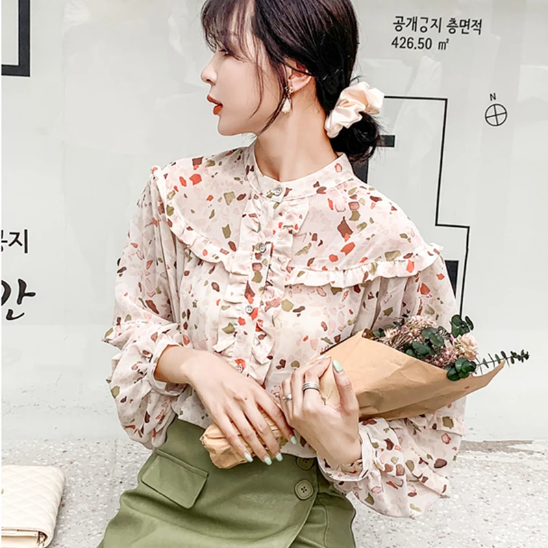 

GRUIICEEN girls lantern long sleeve autumn blouse women floral print chiffon blouse top ruffles GY2019152