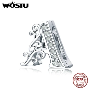 

WOSTU 100% 925 Sterling Silver Letter Alphabet A Beads Clear Zircon Charm Fit Original Bracelet Bangle DIY Jewelry BKX111