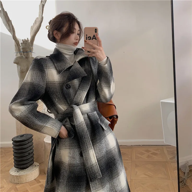 

Autumn And Winter Hong Kong Style Classic Mid-Length Gray Plaid Thick Waist Woolen Coat Trench Coat