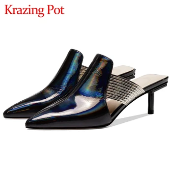 

Krazing Pot 2020 new arrival real leather pointed toe stiletto high heels slip on mules office lady mature sexy women pumps L38