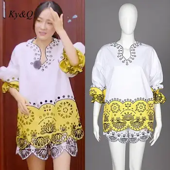 

Brand Design Sexy Fashion Short Sleeve Blouse 2020 Summer New Women Loose Long Shirt Hollow Embroidery Luxury Holiday Clothing