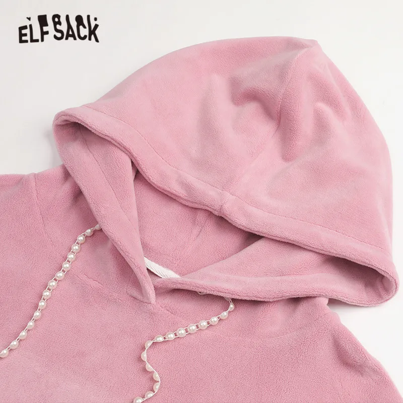 ELFSACK, розовый, однотонный, с принтом крысы, Повседневный, с капюшоном, женский свитер, зима, зеленый жемчуг, шнурок, корейский стиль, женские топы на каждый день