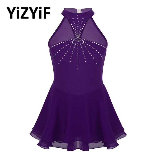 US $12.11 Gymnastics leotard Dress for Girls Ballet Dance Halter Sparkly Rhinestone Mesh Splice Figure Ice Sk
