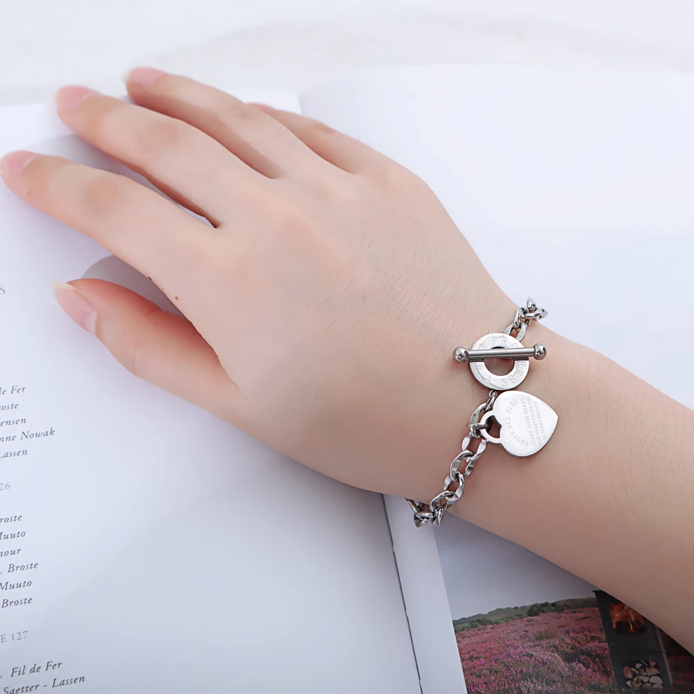 Stainless Steel Love Heart Bracelets For Women Party Gift Fashion Joyas de Chain Charm Bracelets Jewelry Wholesale Text Engraved