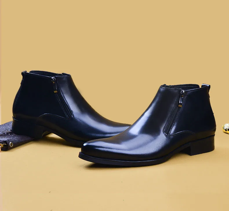 QYFCIOUFU Men Dress Leather Boots Basic Black Brown Color Fashion Luxury Brand Zip Ankle Men's Pointed Toe Dress Oxfords Shoes