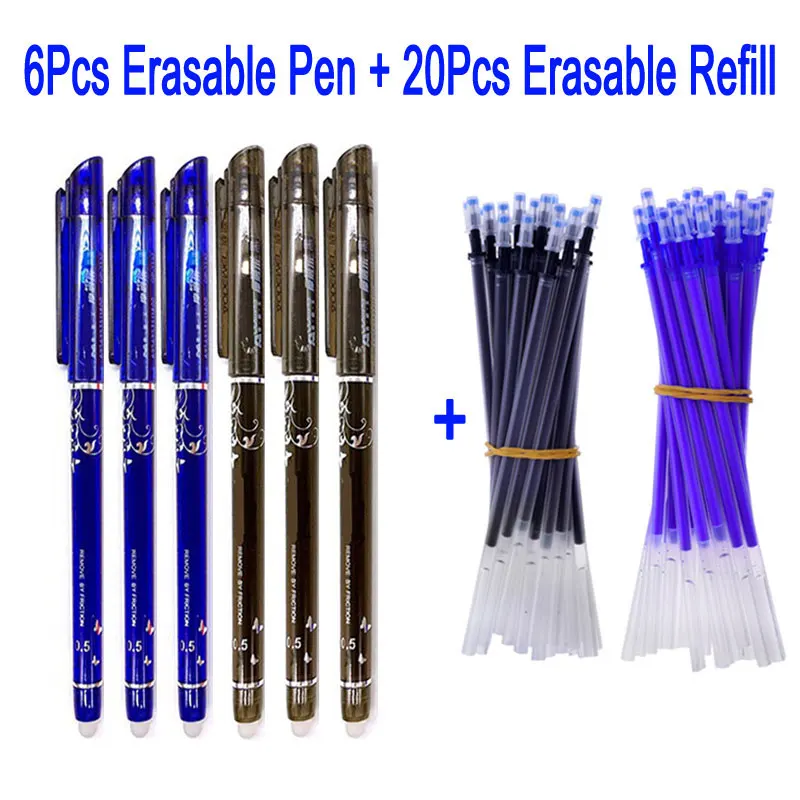 

0.5mm 6+20Pcs/Set Erasable Gel Pen Erasable Pen Refill Rod Blue Black Ink Handle School Stationery Office Writing Tools