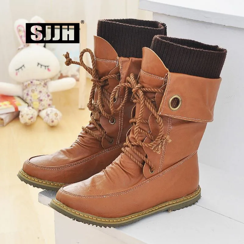 SJJH Women Flat Boots with Round Toe Mid-Calf Lace-up Short Plush Footwear Casual Fashion Formal Shoes Large Size A1254