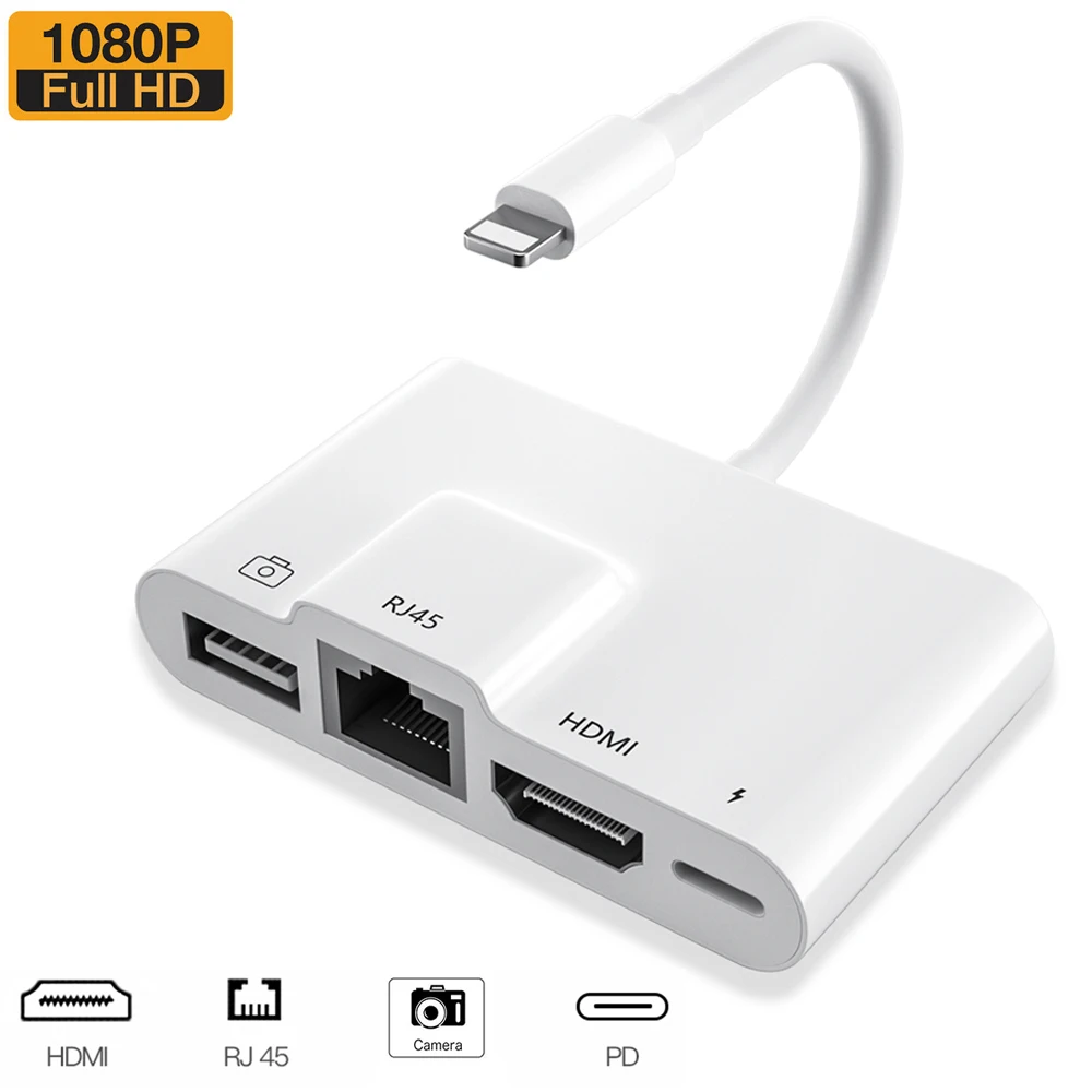 Адаптер для камеры Lightning/100 Мбит/с Ethernet Lan RJ45 1080P HDMI USB OTG хаб iPhone SE XS XR 11 Pro Max iPad |