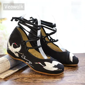 Veowalk Crane Embroidered Women Canvas Lace up Strappy Ballet Flats Chinese Style Ladies Casual Cotton Fabric Embroidery Shoes 1