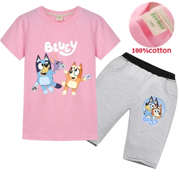 

Summer children's cartoon bingo bluey apex legends JOJO siwa cotton boys and girls short-sleeved T-shirt + shorts suit clothing