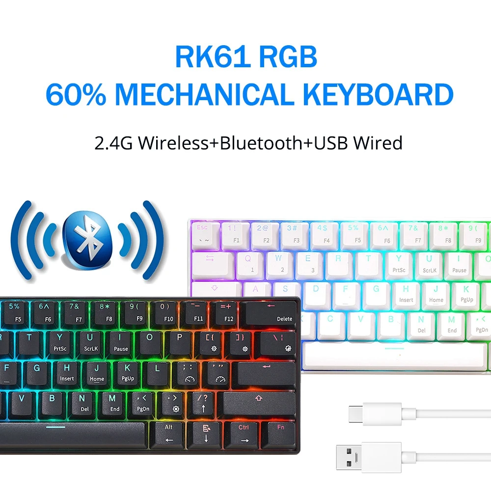 RK61 Tri-Mode Version Wireless Mechanical Keyboard 2.4G Bluetooth USB Wired Gaming Keyboard 61 Keys Hot Swappable RGB Backlight mini keyboard pc