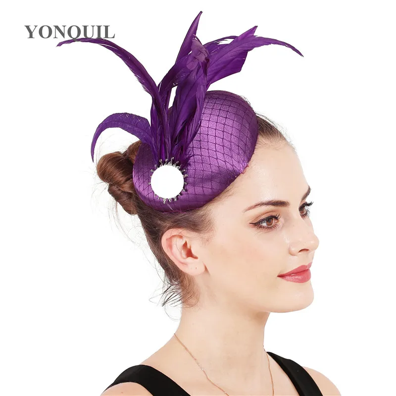 

charming purple feather Fascinator Hair Clips Hat Headband mesh Bridal wedding Veil Wedding Party satin fedora chapeau ladies