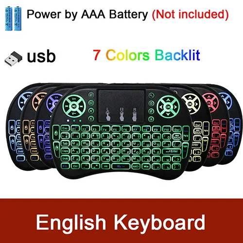 English 3A Battery 7 цветов с подсветкой I8 Мини испанская Беспроводная клавиатура мышь 2,4 ГГц USB клавиатура для ноутбука Smart tv Английский Русский с тачпадом - Цвет: English 3A Battery