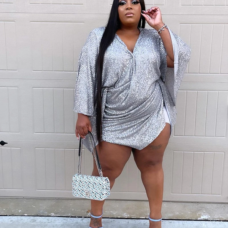 Dress Plus Size Party Birthday Dresses High Waist V Neck Batwing Sleeve  Sexy Sequin Mini Silver Dress Wholesale Dropshipping - AliExpress
