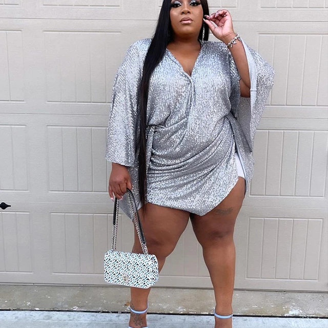 Dress Plus Size Party Birthday Dresses High Waist V Neck Batwing Sleeve  Sexy Sequin Mini Silver