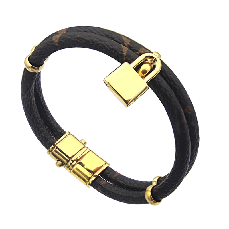 

18k Gold Plated Titanium Stainless Steel Letter Grid Bangle Women Brown Leather Bracelet Female Punk Hand Accessory Gift