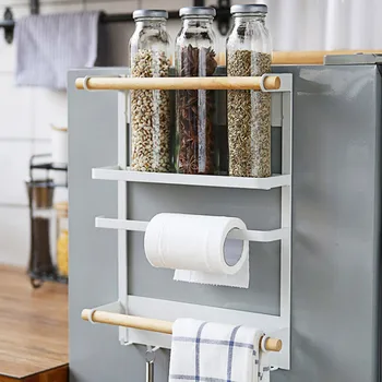 

Metal Kitchen Rack Magnetic Fridge Organizer Spice Rack Paper Towel Roll Holder Storage Shelf BJStore