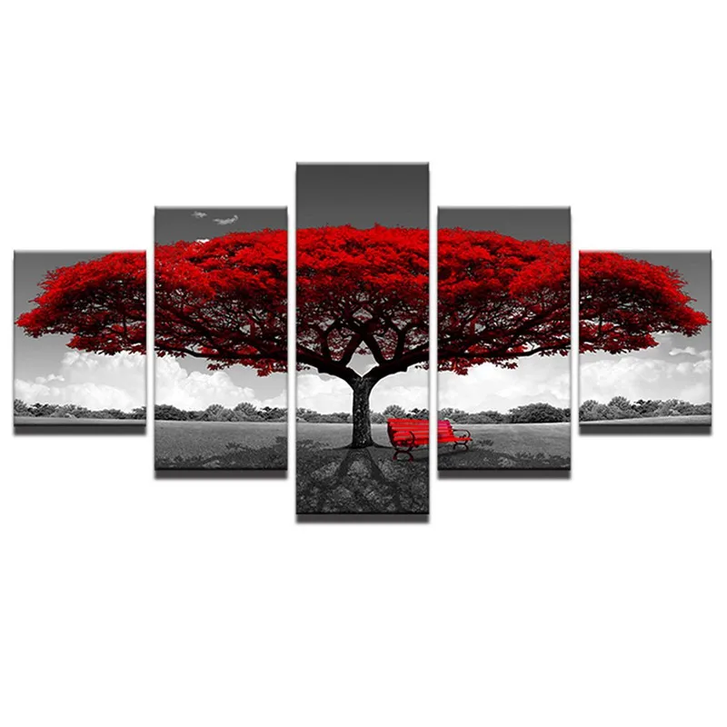 Canvas HD Prints Posters Home Decor Wall Art Pictures 5 Pieces Red Tree Scenery Landscape Paintings(S) | Дом и сад