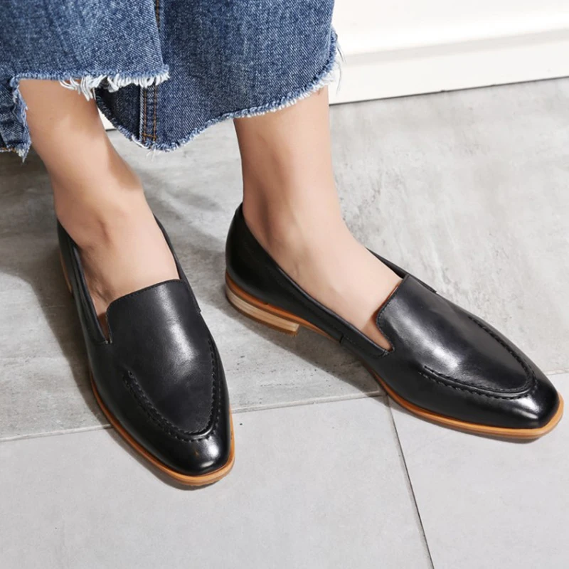 Женские туфли из натуральной кожи без застежки с квадратным носком|leather women flats|women