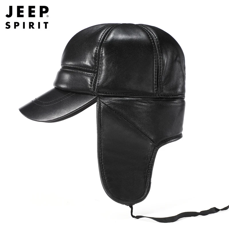 

Original JEEP SPIRIT Winter Warm Cap Men Genuine Leather Cap Hat Sheepskin Leather Cap Men Dad Hat Ear Protection Hat casquette