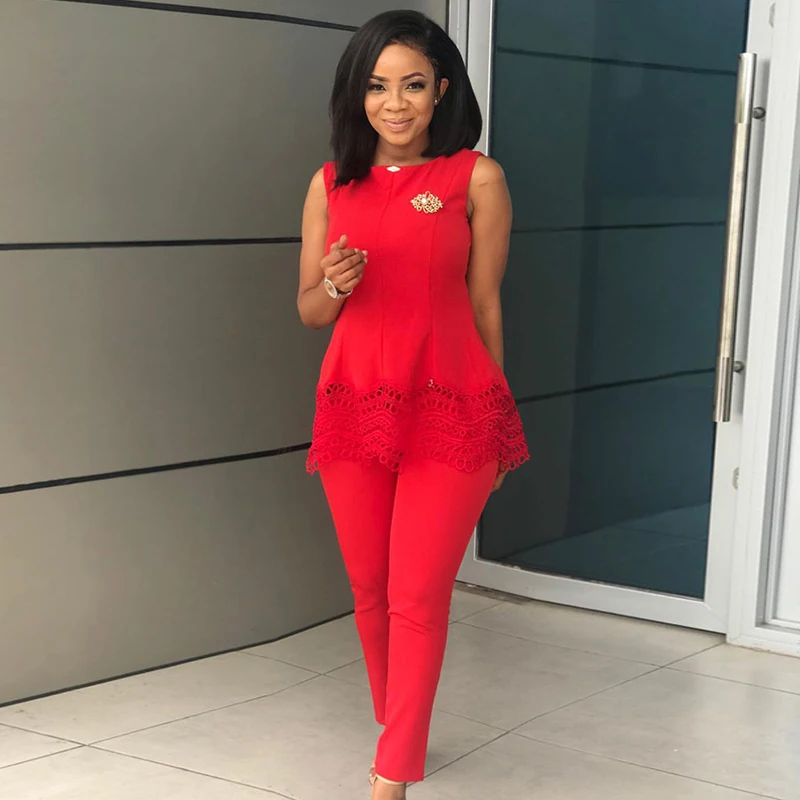 

Women Traditional African Clothing 2019 New Mujer Vestido Africano Two Piece Set Sleeveless Lace Top And Pants African Clothing