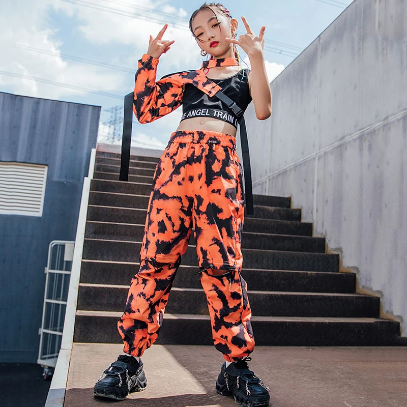 Kids Hip Hop Costumes Single-Sleeves Tops Camouflage Pants Girls Jazz Performance Clothes Hip Hop Dance Outfit Streetwear BL6333