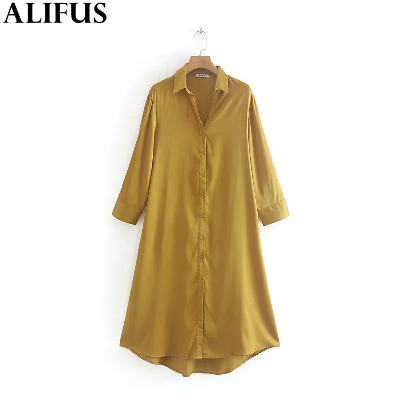 

Fashion Za Women Midi Dress 2019 Solid Color Chic Turn Down Collar Long Sleeve Casual Loose Dresses Female Ladies Vestidos