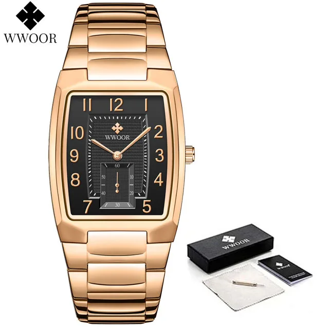 WWOOR Top Brand Luxury Fashion Stop Watches Mens 30ATM Waterproof Square Clock Casual Watch Mens Quartz Wrist Watch Reloj Hombre Rose A black box