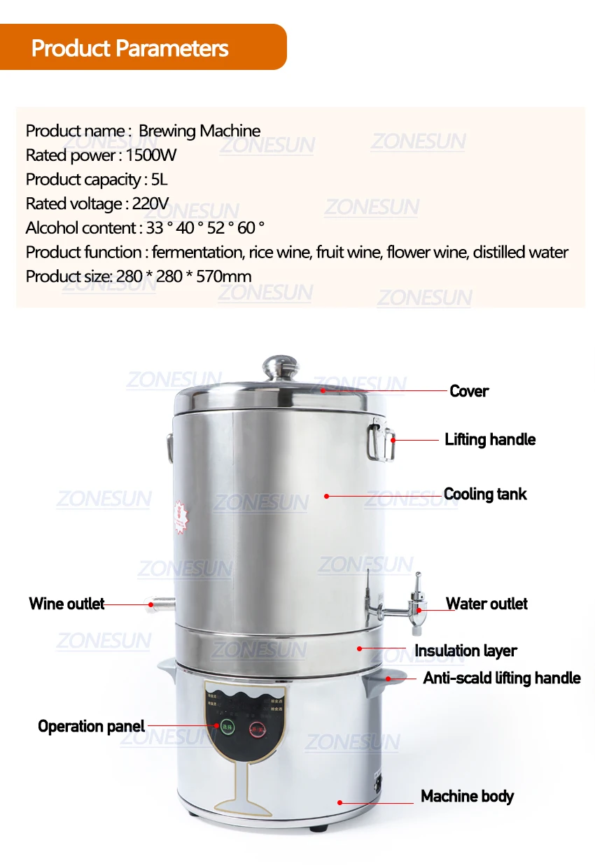 ZONESUN 5L дистиллированная вода домашний винный дистиллятор для цветочных зерен фруктовый Винный Спирт домашний винный аппарат пищевое оборудование
