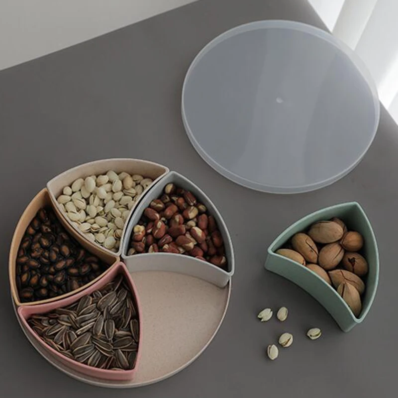 Wheat Straw Round Divided 5 Compartment Candy Snack Organizer Storage Serving Container Dish Platter with Lid