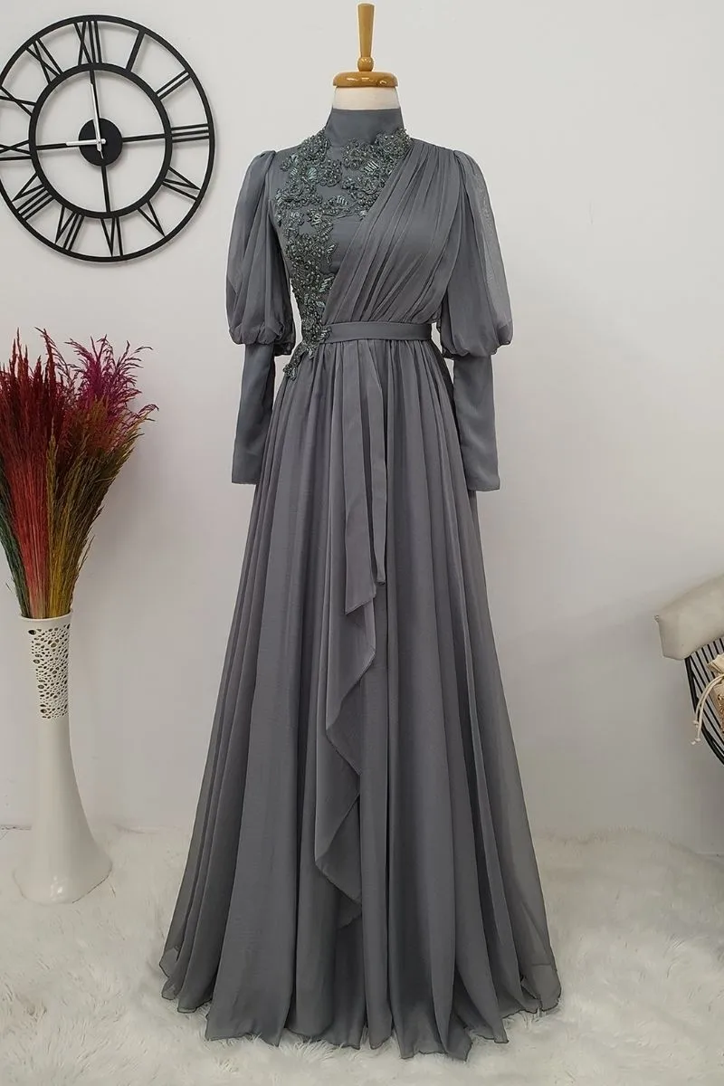 

Elegant Chiffon Appliques Long Sleeve Muslim Prom Dress High Neck Saudi Arabic A Line Pleats Evening Formal Party Gowns