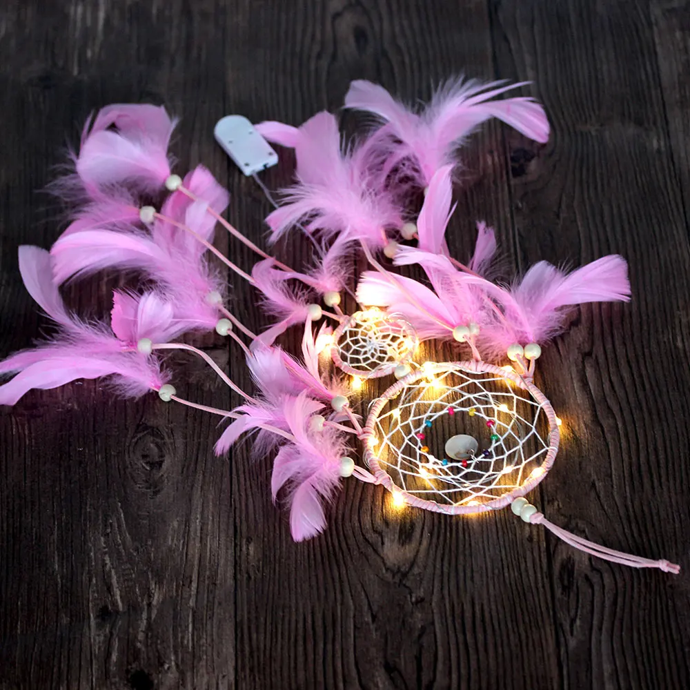 Creative LED Hanging Crafts Ornament Dromenvanger Dreamcatcher Home Wind Chimes Gift Decoration Wall Feathers Car
