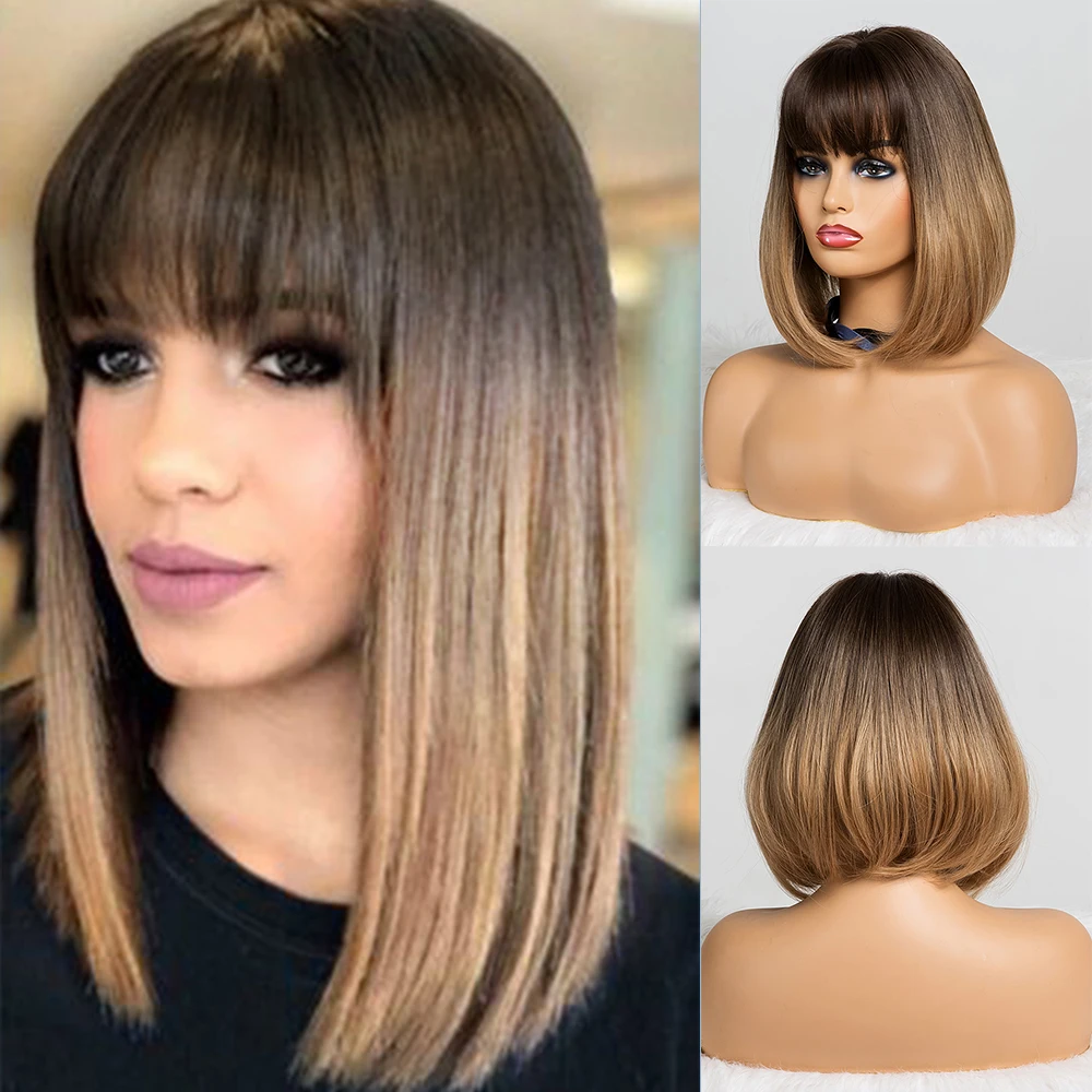Крошечные LANA короткие прямые Ombre черный коричневый синтетические парики с челкой для женщин боб парик жаростойкий Лолита косплей парик - Цвет: ss147-1