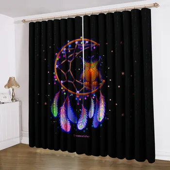 

Feather Window Curtain 2 Panels Cartoon Owl Star Window Drapes 3D Print Black Background Window Treatment Home Parlor Curtain