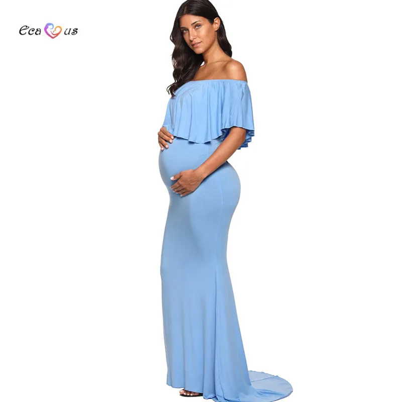 Womens Maternity Dresses Off Shoulder Ruffles pregnancy Dress Fitted Pregnant Baby Shower Photo Shoot | Мать и ребенок