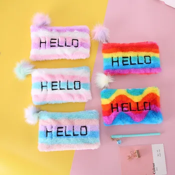 

Cute Pencil Bag 10pcs Colorful Strips Plush Pencil Pouch Kpop Kawaii Stationery Velvet Pen Pouch Organizer School Supplies