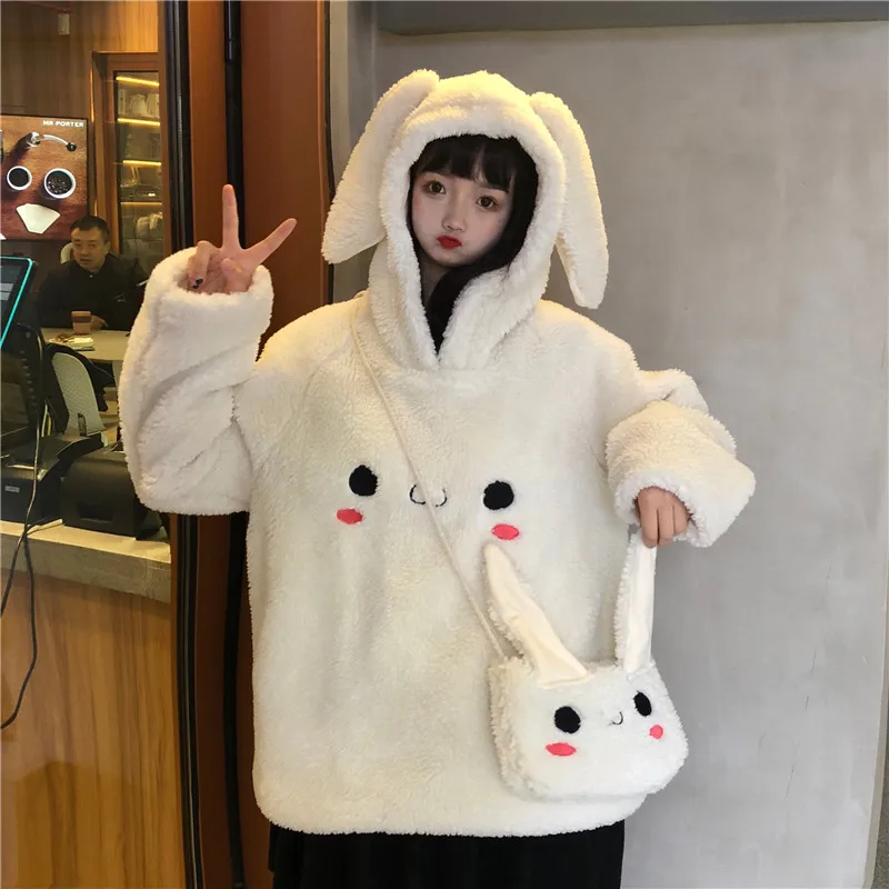 Корейские милые Мультяшные уши овечья шерсть толстовка женская плюшевая