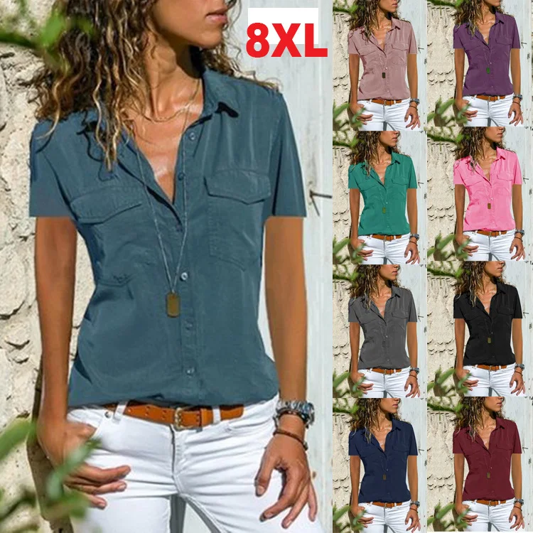 Las mujeres blusa de talla grande 2021 AliExpress de Europa novedad de verano camisa de las señoras solapa corto ropa con mangas camisas blusa YFF6250