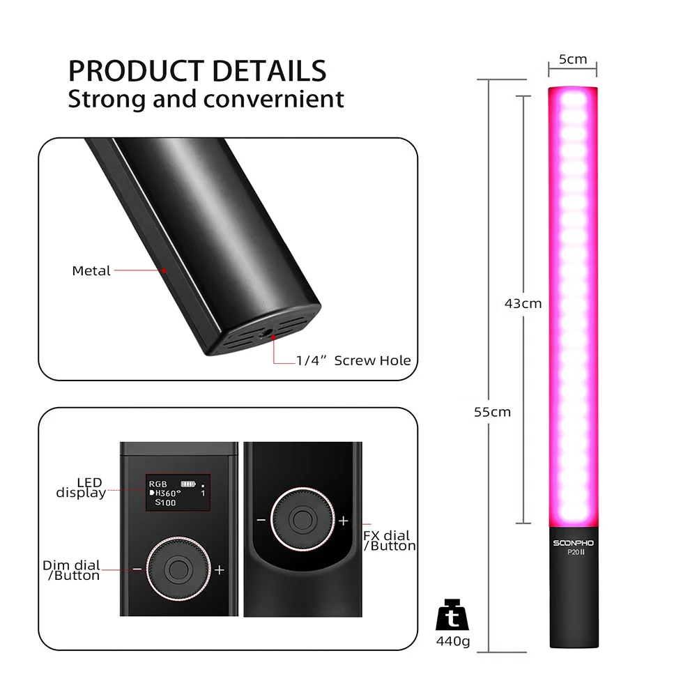 Lampe LED Vidéo Portable Soonpho P20 II - RGB, Bâton De Glace Coloré 2500K-8500K, USB-C