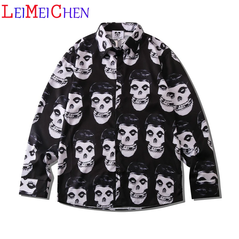 LEIMEICHEN Fashion Teenager Street Hip-Hop Shirt Men And Women Couple Cardigan Skull Print Loose Long Sleeve Lapel | Мужская одежда