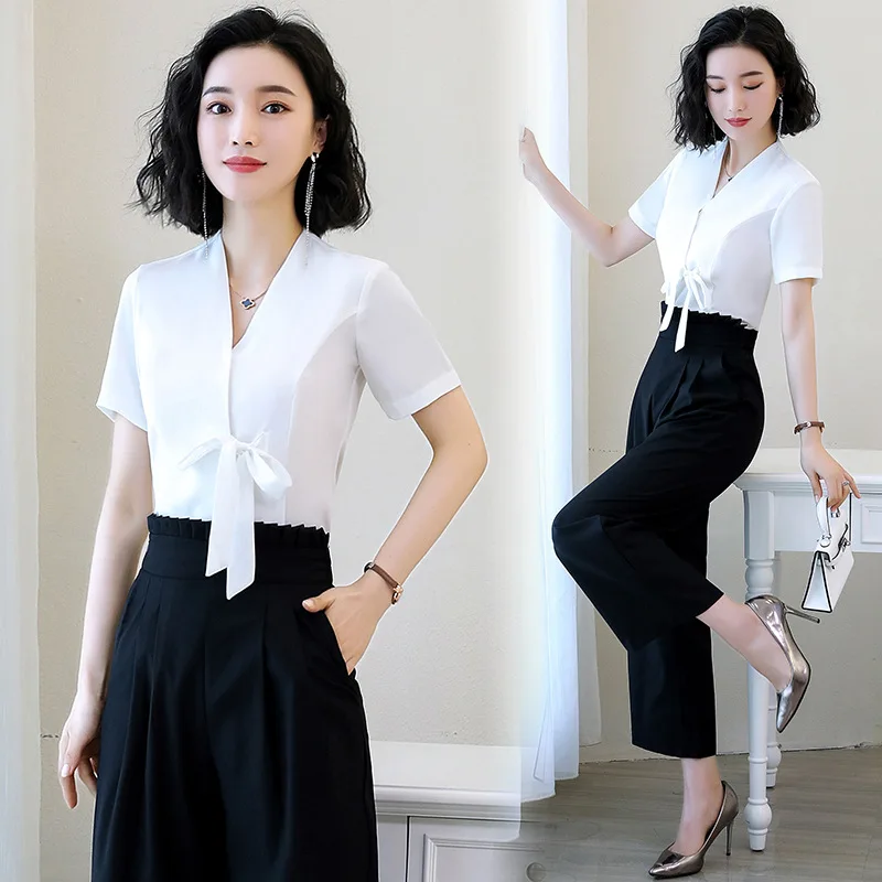 

Cotton Linen Two-Piece Set Summer Loose Pants Slimming White Shirt Black Pants Set Beautician Foot Bath Technician Business Work