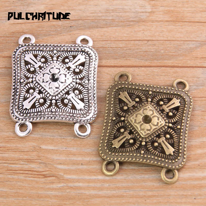 PULCHRITUDE 4pcs 30*39mm Two Color Zinc Alloy Hollow Carving Square Connectors Jewelry Making DIY Handmade Craft