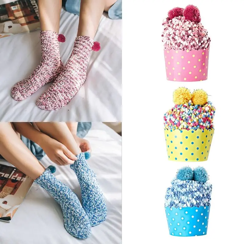 3 пары зимних теплых кекс «сделай сам» Носки-тапочки ворсистые коралловые бархатные чулочно-носочные изделия с помпонами 03KF