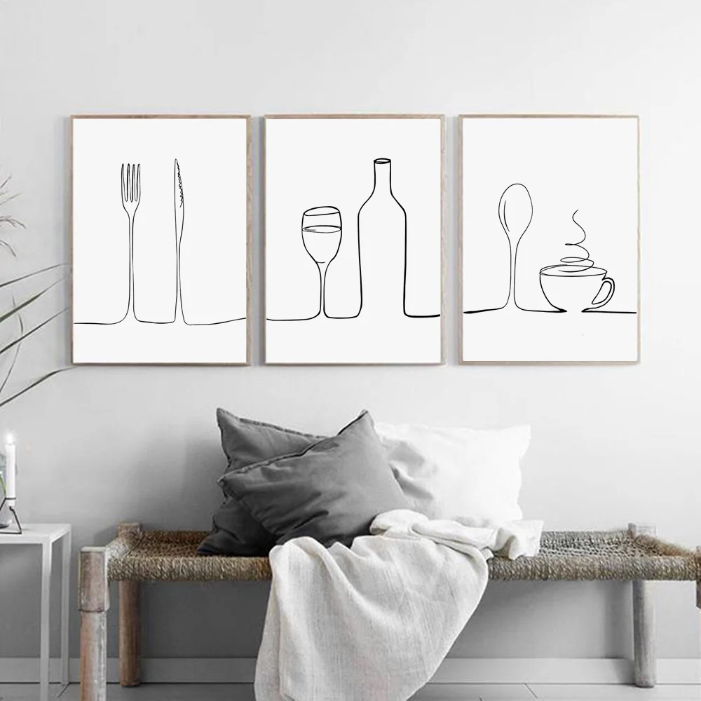 Modular Nordic Printed Poster Line Coffee Red Wine Knife And Fork Wall Art Canvas Painting For Kitchen Dinner Room Home Decor | Дом и сад