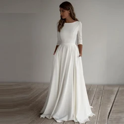 Simple Satin Wedding Dress  Long Sleeves A Line Crepe Boat Neck Elegant Bridal Dresses With Pockets Plus Size robe de mariee