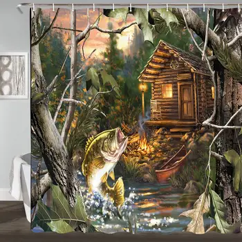 

Wooden Cabin Farmhouse Shower Curtain, Bass Fish with Wooden Cabin Bath Curtain, Polyester Fabric Bathroom Curtains Waterproof