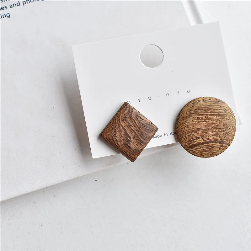 

S925 Silver Needle Vintage Geometric Earrings Feminine Asymmetric Square Round Wooden korean Stud Earrings bijoux femme