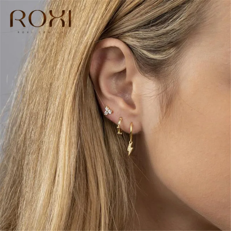 ROXI, висячие серьги в стиле панк с кристаллами, 925 пробы, серебро, мини циркониевая подвеска с молнией, маленькие серьги-гвоздики для женщин, ювелирное изделие