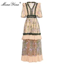 MoaaYina модное дизайнерское подиумное платье Весна Лето Женское платье с v-образным вырезом оборки сетчатые платья с цветочной вышивкой